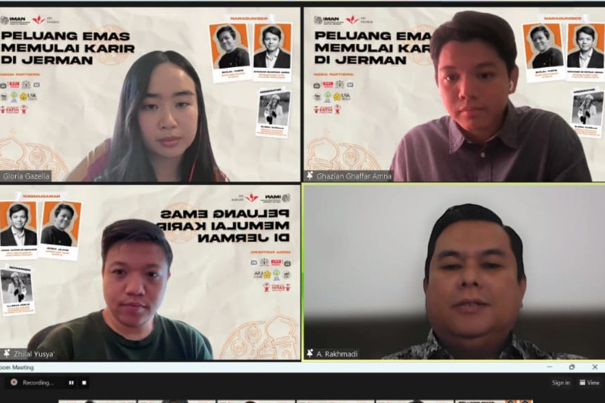 Webinar "Peluang Emas Memulai Karier di Jerman" yang diadakan oleh Ikatan Mahasiswa Aceh di Jerman (IMAN) berkolaborasi dengan Perhimpunan Pelajar Indonesia (PPI) Franken. Foto: tangkapan layar