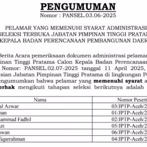 Pengumuman 6 pelamar lolos seleksi administrasi calon Kepala Bappeda Aceh