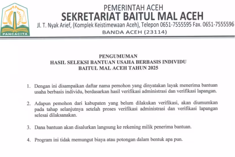 Pengumuman peneriman bantuan usaha Baitul Mal Aceh