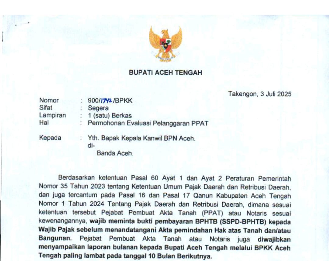 Surat Bupati Aceh Tengah ke BPN Aceh