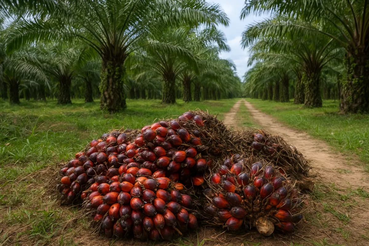 Ilustrasi tanda buah sawit dan perkebunan kelapa sawit ChatGPT Image
