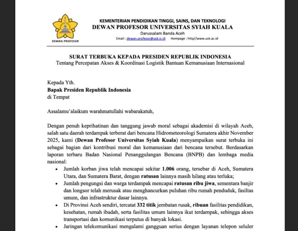 Surat terbuka Dewan Profesor USK kepada Presiden