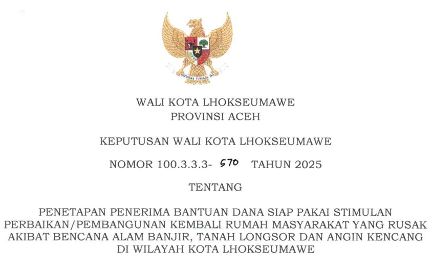 SK Wali Kota Lhokseumawe penerima bantuan pascabencana